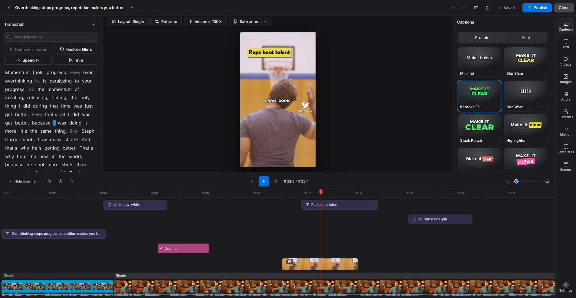 The Auk Video editor: the transcript on the left, a vertical clip of a podcast host in the middle with Karaoke Fill captions, and the caption presets on the right