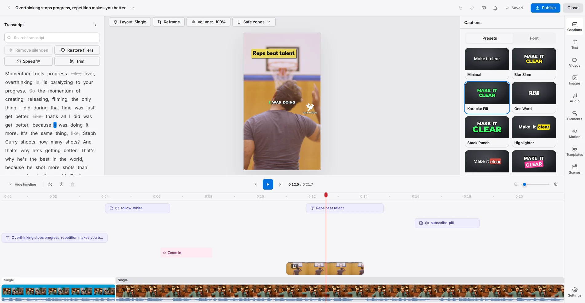 The Auk Video editor: the transcript on the left, a vertical clip of a podcast host in the middle with Karaoke Fill captions, and the caption presets on the right